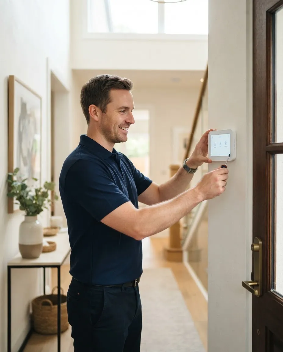 Safe Dwelling technician installing a home security panel