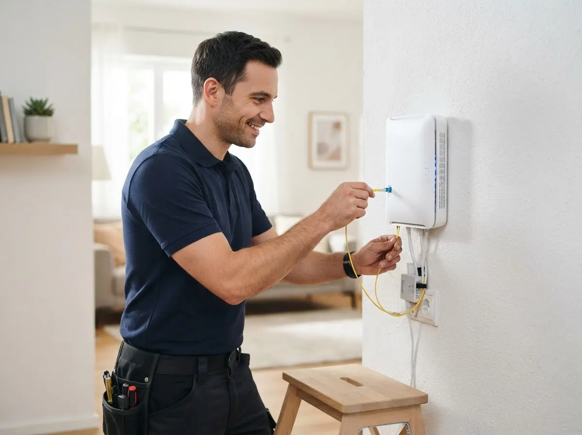 Safe Dwelling technician installing a fiber connection and Wi-Fi router
